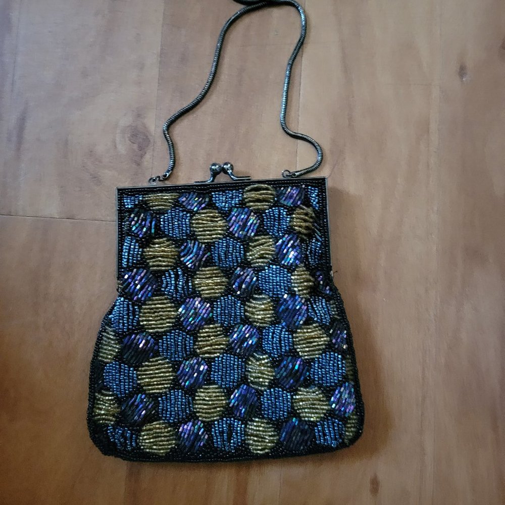 Vintage Sparkly Beaded Handbag Purple Black and Mustard Yellow Woven Metal Strap